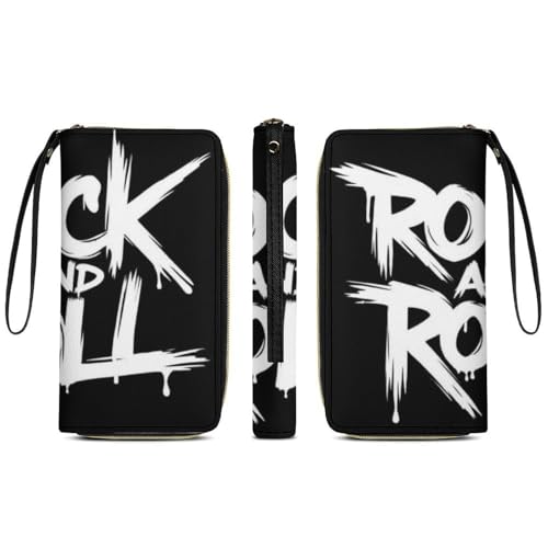 Travel Purse Fashion Design, Huge Storage Capacity Wallet With Rope, Cute Decor Purse, Long PU Zipper Wallet Black And White Rock And Roll Tattoo Print3