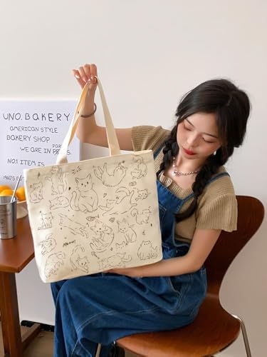 Bolso tote lindo para mujer de lona con diseño de gato y perro miniatura 6