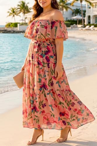 Image of Plus Size Chiffon Off The Shoulder Maxi Long Floral Summer Casual Beach Boho Sundress Women 2024