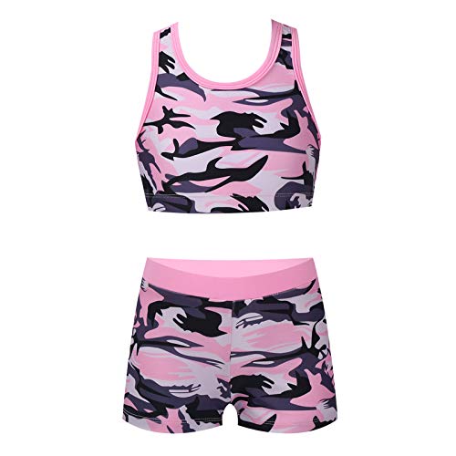 Moily Girls Gymnastics/Dance/Sports Two Piece Outfit Racer Back Crop Top With Booty Shorts Swimwear Camouflage Pink 7-8 #TOP2