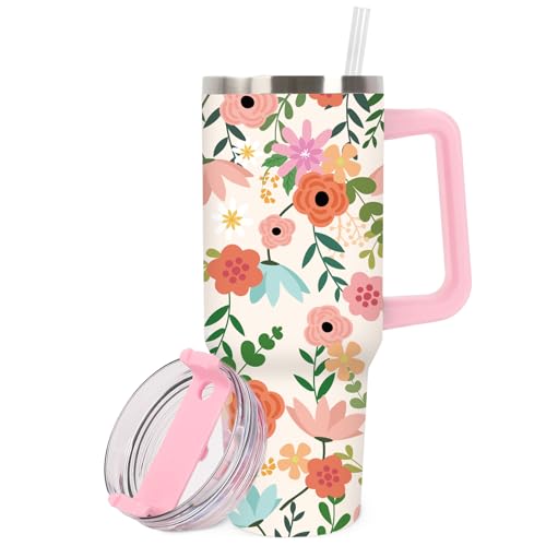 JarThenaAMCS Boho Floral Tumbler with Handle 40oz Spring Colorful Flower Tumbler with Lid Straw Wildflower Stainless Steel Cup for Christmas Home Office Travel