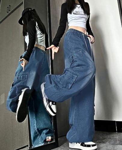 Cargo Jeans for Women Men Baggy Cargo Pants High Waisted Wide Leg Drawstring Pants Casual Grunge Streetwear 6