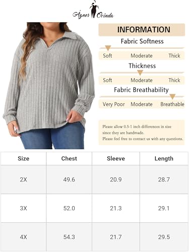 Image of Agnes Orinda Women's Plus Size Loose Polo V Neck Long Sleeve T Shirts Tops Collared Ribbed Brushed Top Sweater Casual