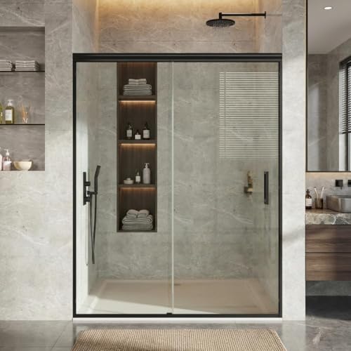 Image of 56-60 inch W x 72 inch H Fully Framed Sliding Shower Door, 1 /4 inch (6mm) SGCC Tempered Glass with Matte Black Aluminum Alloy Frame, Reversible Installation & Stainless Steel Handle, Bypass Bathroom Door