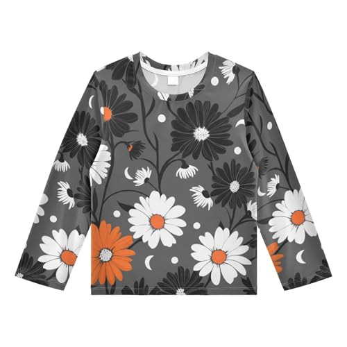 DOMIKING Daisy Moon Dot Gray Boys Long Sleeve Rashguard Shirt Kids Quick Dry Swim Shirt for Beach Pool Sport 11-12T