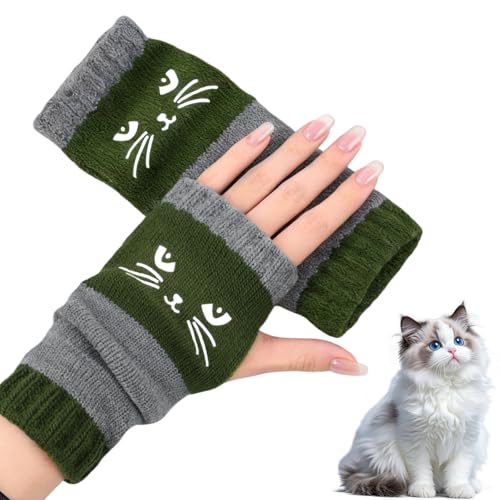 Cat Embroidery Splicing Knitted Gloves,Knitted Embroidery Cute,Warm Gloves Fashion Leaky Finger Casual Women's Glove,Vintage Trendy (Green)