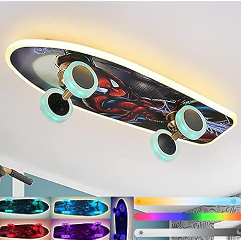 Kinderzimmer Deckenleuchte LED Dimmbar Kinderlampe Decke Skateboard, RGB Kinder Deckenlampe Mädchen, Lampe mädchenzimmer Jungen mit Fernbedienung and APP, Mädchen Lampe Acryl Lampenschirm L60cm 32W Cover
