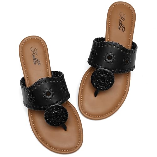 katliu Sandales Femme Été Élégantes Tongs Plates avec Couture Décorative Nu Pieds Légers Antidérapants Semelle Rembourrée pour Vacances et Loisirs Noir...