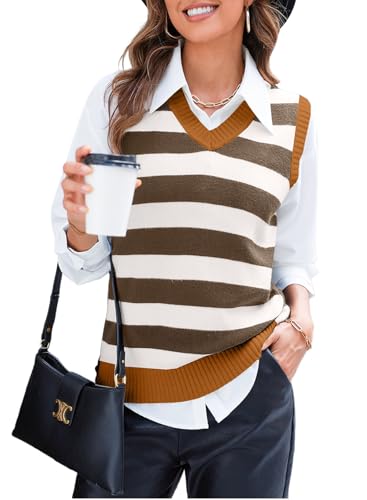 EVALESS Sweater Vest Women V Neck Stripe Knit Sleeveless Tunic Tank Tops Business Casual Loose Fit Pullover Sweater Tops Fall Winter Cute 2025 Outfits Vest Tops for Women Brown Medium
