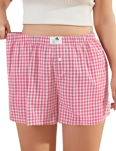 Image of COOTRY Plus Size Women Boxer Shorts Cotton Plaid Gingham Shorts Casual Pajama Sleep Shorts Y2K Beach Bottoms