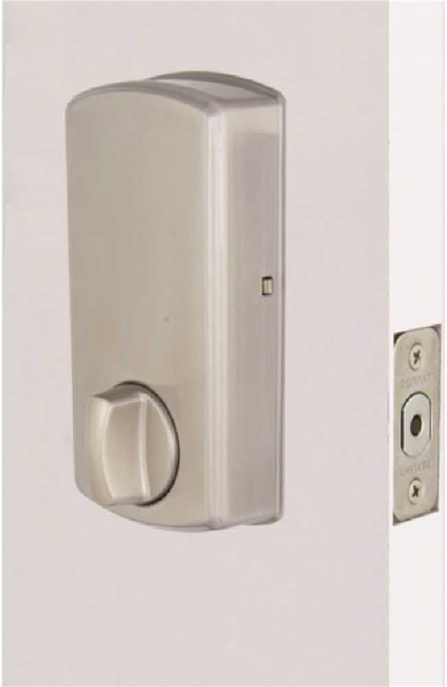 Indre view of the electronic deadbolt assembly installed on a door.