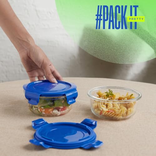 Image of United Colors of Benetton 400ML Borosilicate Glass Food Storage Container with Airtight Coloured Lid - Leakproof, Microwave, Oven, Freezer & Dishwasher Safe - Durable & Reusable Lunch /Dinner Box