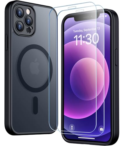 SPIDERCASE for iPhone 12 Case for iPhone 12 Pro Case, Magnetic Translucent Matte Case with 2PCS Tempered Glass Screen Protector Slim Phone Case for iPhone 12/12 Pro 6.1'', Black