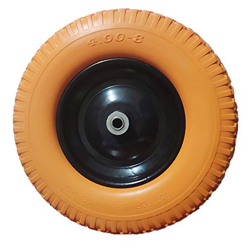 4.00-8 Flat Free Wheelbarrow Tire, Flat-Free Tire 16 with 5/8” Bearing Wheel, Foamed Polyurethane Tire for Garden Outdoor Cart Wagon, 3.5” Hub, Orange(Set of 2)