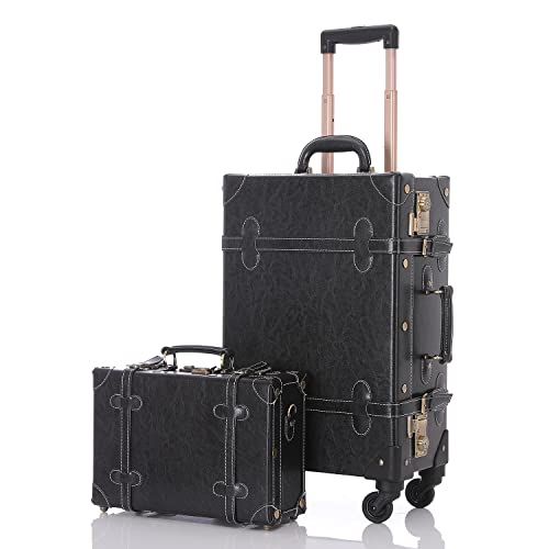UNIWALKER Vintage Luggage Set, 2 Piece Retro Suitcase with Spinner Wheels TSA Lock and Carry On Train Case for Women Men(20in+12in, Black)