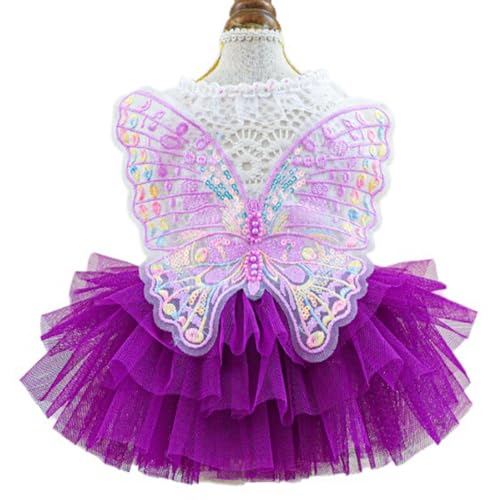 ANIAC Butterfly Dog Dress with Purple Tutu Funny Doggy Clothes with Wing Girl Puppy Dress for Small Dogs Pet Butterfly Costume Holiday Cat Outfit for Halloween Birthday Wedding (Purple, X-Large)