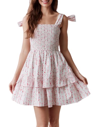 Image of Women Tie Shoulder Mini Dress Floral Ruffle Babydoll Dress Boho Square Neck Sundress Cute Summer Dresses