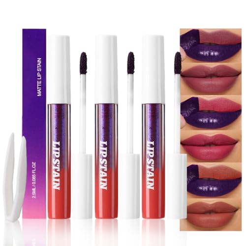 Image of evpct 3Pcs Maroon Mauve Red Nude Brown Peel Off Lip Stain Tints, Matte Liquid Lipstick Lip Stain Long Lasting Waterproof for Women, Longwear Lipstick Peel Off Highly Pigmented Smudge-proof Easy Apply