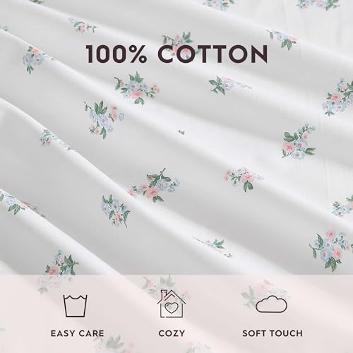 Image of Laura Ashley - Twin Size Sheet Set, Crisp & Lightweight Cotton Percale Bedding with Fitted Sheet and Pillowcase, Floral Room Decor, Deep Pocket, College Dorm Room Essentials (Harperette Blue)