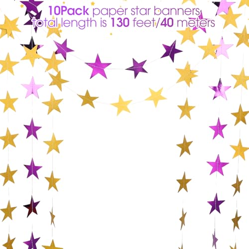 Image of Patelai 130 Feet Glitter Star Garland Banner 2026 Party Decoration Double Side Star Hanging String Streamer Paper Twinkle for Graduation Wedding Birthday (Gold and Purple)