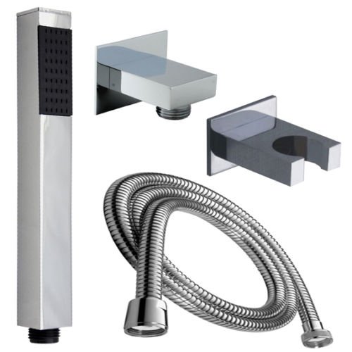 Design Handbrause Duschbrause Set mit Schlauch 150 cm und Wandanschlussbogen und Brausehalter Stabbrause