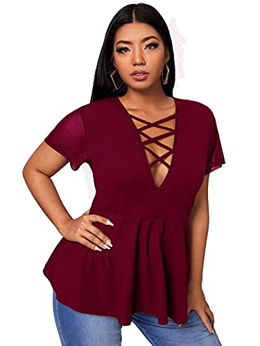 Romwe Women s Plus Size Mesh Short Sleeve Criss Cross Front V Neck Peplum Blouse Tops Burgundy 2XL