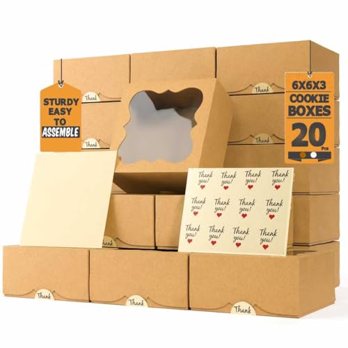 20 Pack Cookie Boxes for Gift Giving 6X6X3 Inches Bakery Boxes with Window - Extra Thick Small Cookie Containers for Treats Desserts Strawberries Cupcakes Candy Charcuterie Baked Goods Pastry