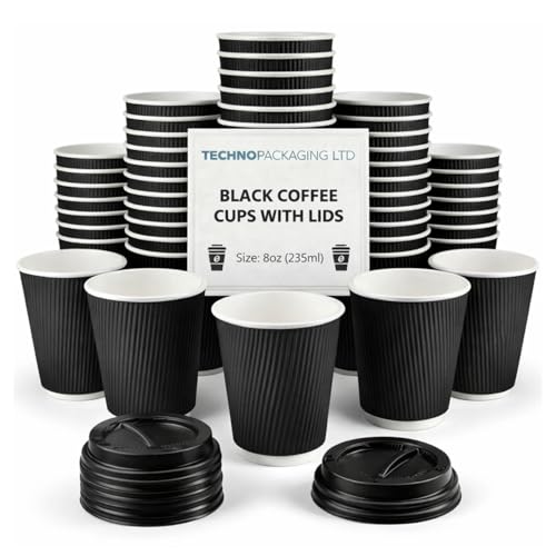 8 oz Black Disposable Kraft Paper Ripple Cups with Lids - Pack of 100 Insulated Triple Wall Takeaway Drinking Cup - Great for Coffee, Tea, and Hot Drinks - Reusable, Leak Proof Travel or Office Cups