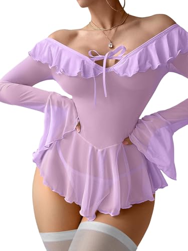 Image of Foxiny Sheer Ruffle Long Sleeve Babydoll Lingerie Dress | Off-shoulder neckline, flared cuffs and a flounce hem add movement; thong and thigh-high stockings complete the 3-piece set