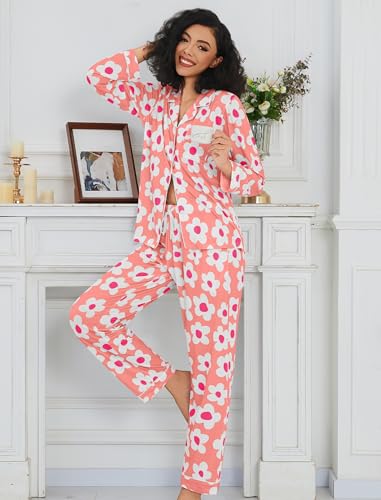 Image of SWOMOG Womens Pajamas Set Long Sleeve Sleepwear Button Down Nightwear Soft Cotton Pj Lounge Sets