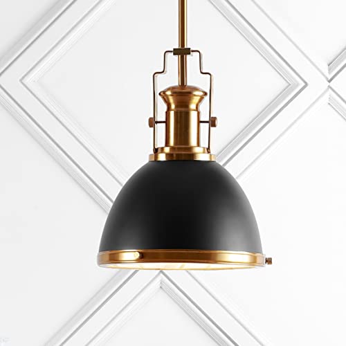 Image of JONATHAN Y Homer Industrial Dome Pendant 10 inch, Black /Brass Gold | 1-Light, Farmhouse Style, Adjustable Hanging Height, Glass Diffuser, Sloped Ceiling Compatible, Metal, LED Bulb Included