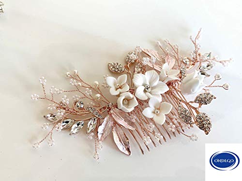 ONDEGO® Rosegold Brauthaarschmuck Haarkamm – Handgefertigter 3D Blumen Haarschmuck mit Perlen & Strass – Leichter Haarkamm für Hochzeit Brautfrisur Festliche Anlässe