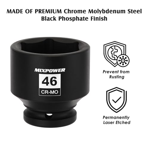 Image of MIXPOWER 3 /4 inch Drive Shallow Impact Socket, 46mm, CR-MO, Metric, 6 Point, Axle Nut Impact Grade Socket for Easy Removal