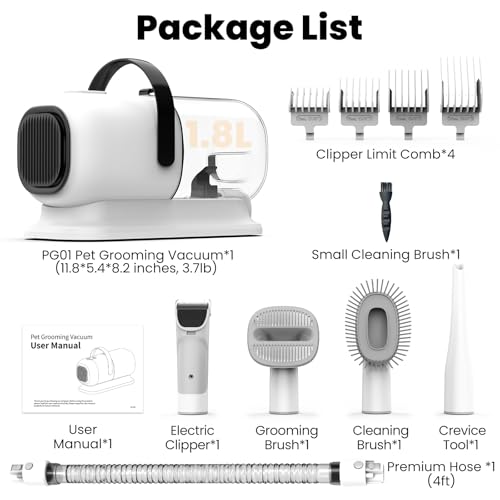 FIXR Dog Grooming Vacuum, All-in-One Pet Grooming Kit with Hair Clipper & Shedding Brush, Low Noise 12,000Pa Dog Hair Remover Vacuum, Pet Groomer Set with Cleaning Brushes, PG01