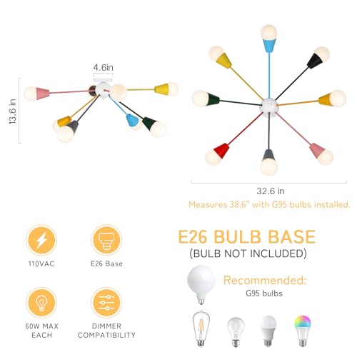 ZORYATA 33” Kids Ceiling Light Fixture, Colorful 8-Light Sputnik Chandelier Lighting, Modern Semi Flush Mount Ceiling Lamp for Children Bedroom, Dining Room, Kitchen, Entryway, Playroom, Multi Color by ZORYATA - Used condition - Image 7