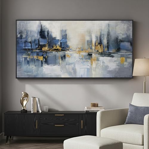 Framed Blue Gold Abstract Wall Art for Living Room, Extra