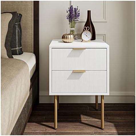 Aobafuir Nightstand, 2 Drawer Dresser for Bedroom, Small Side Table with 2 Drawers, Bedside Furniture, Night Stand, End Table with Gold Frame for Bedroom,Living Room,White