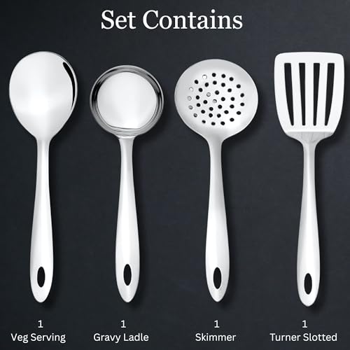 Image of Montavo by FnS 4 Pieces Stainless Steel Serving Tools Set | Soup Ladle, Skimmer Turner, Slotted Turner & Veg Serving Spoon | Food Grade Kitchen Utensil Set for Home & Dining