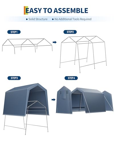 7 Ft x 12 Ft Outdoor Storage Shed, Heavy Duty Portable Garage Shelter with Roll-Up Zipper Door, Waterproof Carport for Motorcycle, Bike, Car, Tools, Firewood, Lawn Equipment, Ventilated Windows,Grey