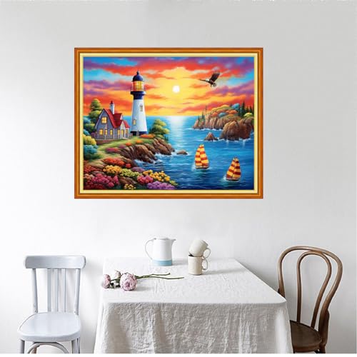 Image of Foxhool Beginners Cross Stitch Kits Stamped Full Range of Embroidery Kits for Adults DIY Cross Stitches kit Embroidery Patterns for Needlepoint kit-Seaside Lighthouse 16x20 inch