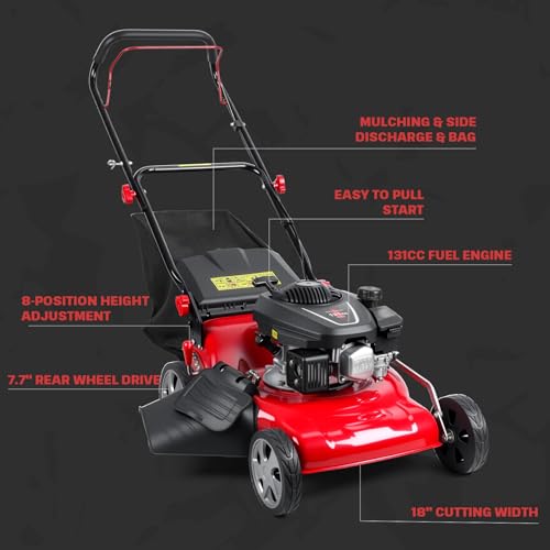 Image of 131cc Self Propelled Lawn Mower, 3-in-1 Gas Powered Push Mower with 50L Grass Bag, 20-inch Cutting Deck, Big Wheels for Yard Lawn Care, Mulching, Bagging & Side Discharge