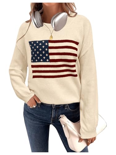 Image of GORGLITTER Women's American Flag Sweaters 2026 4th of July Outfits Fall Oversized Long Sleeve Knit Pullover Tops