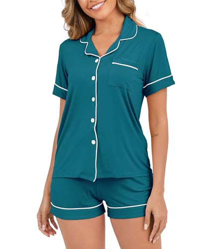 Image of Womens Pajamas Set Short Sleeve Sleepwear Button Down Pjs Shorts Set Soft Pjs Lounge Set With Pockets