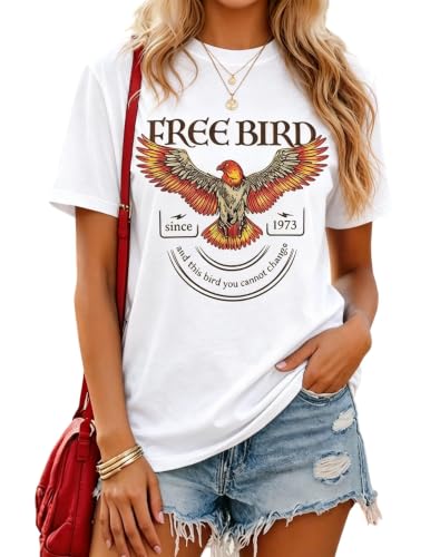 LETSEE Short Sleeve Shirts for Women Free Bird Vintage Rock Graphic Tees Casual Crewneck Tops Summer Rock Tee White - image 1