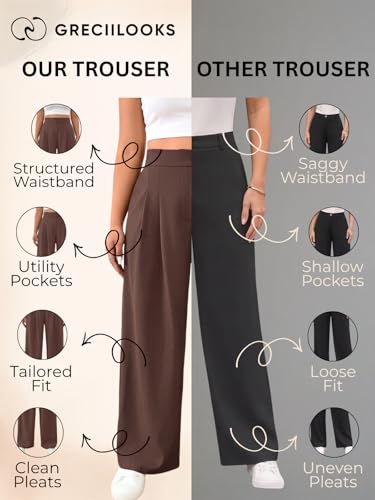 Image of GRECIILOOKS Trousers for Woman | Womens High Rise High Waist Flared Korean Style | Formal Pant for Women Office Wear| Track Pants for Womans Elegant for College & Events (Available in Plus Size)