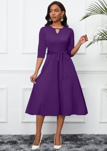 Image of CLOCOR Midi Dresses for Women Casual A-Line Fit and Flare Dress Crewneck 3 /4 Sleeve Keyhole Cocktail Party Church Dress