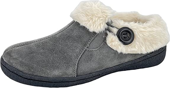 Clarks Womens Suede Leather Slipper with Gore and Bungee JMH2213 - Warm Plush Faux Fur Lining - Indoor Outdoor House Slippers for Women