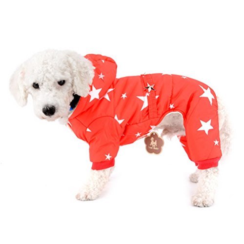 ZUNEA 犬服 冬 あたたかい ダウン つなぎ ジャケット 防水 小型犬 おしゃれ 星柄 フリース パーカー フード付き 防風 防寒 コート ドッグウェア 雪対策 レッド L
