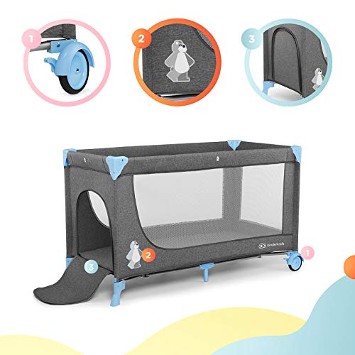 Kinderkraft reisbedje JOY, box, babybedje, campingbedje, modern ontwerp, kleine afmetingen na inklappen, wieltjes, blauw - Afbeelding 5