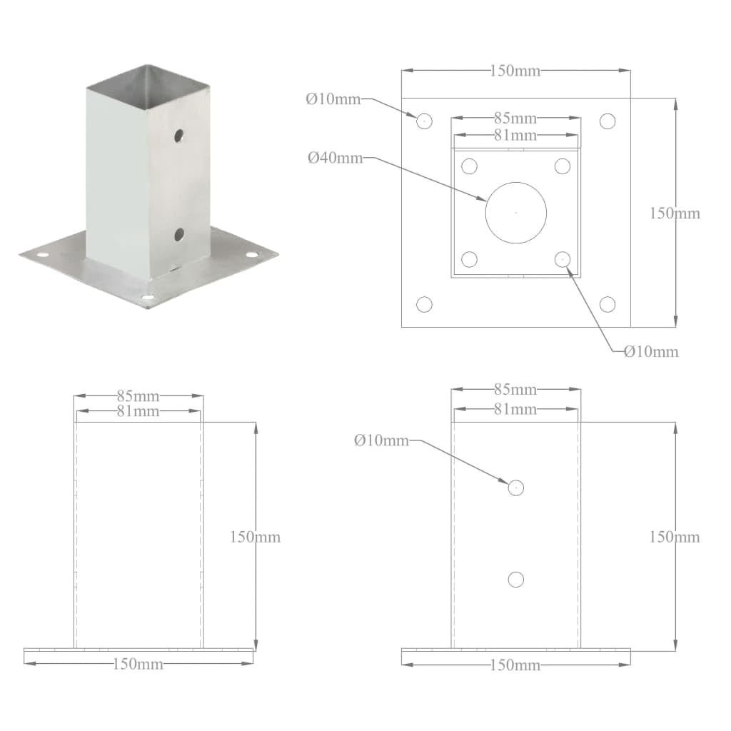 vidaXL 4X Anclajes para Postes Picas Punta Lanza Bases Soporte Jardín Patio al Aire Libre Estacas Exterior Valla Cerca Separador Metal Galvanizado 81 mm